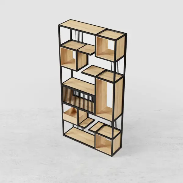 2000mm Modern Black Steel Geometric Bookcase 6-Tier Bookshelf Wooden Tall Book Shelf - Image 15