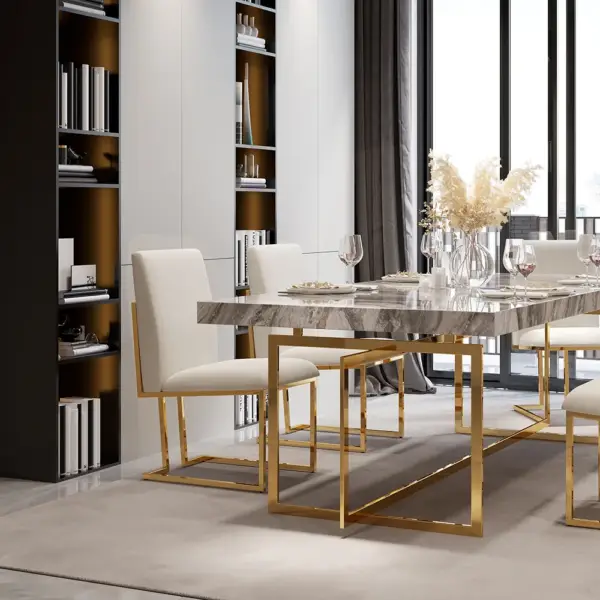 Modern Linen Dining Chair Upholstered in Beige Stainless Steel Leg Gold (Set of 2) - Image 3