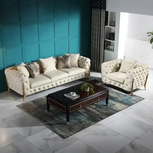 2300mm Beige Modern Chesterfield Sofa 3-Seater Button Tufted Velvet - Image 3