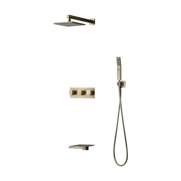 Moda Wall-Mounted 250mm Shower Set in Brushed Gold Rainfall 3 Function Solid Brass - Image 13