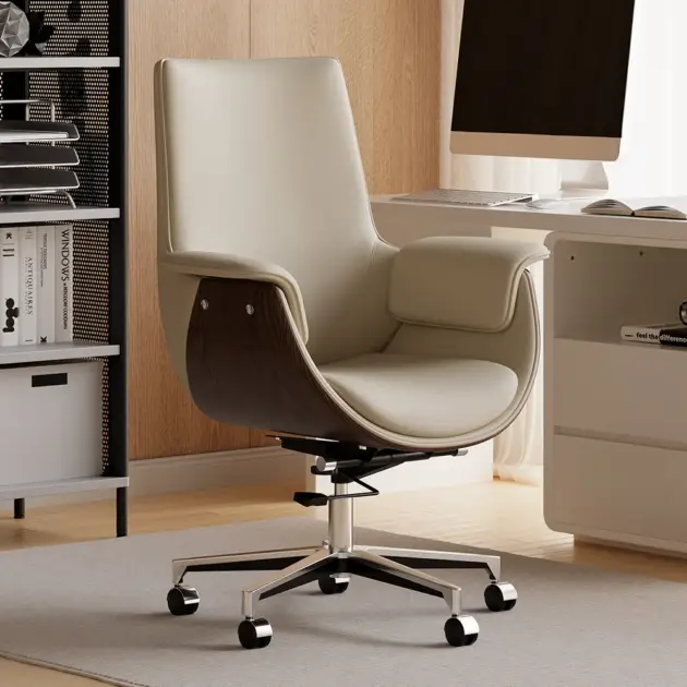 Grey Leather Modern Home Office Chair Upholstered High Back Desk Chair Wooden Frame
