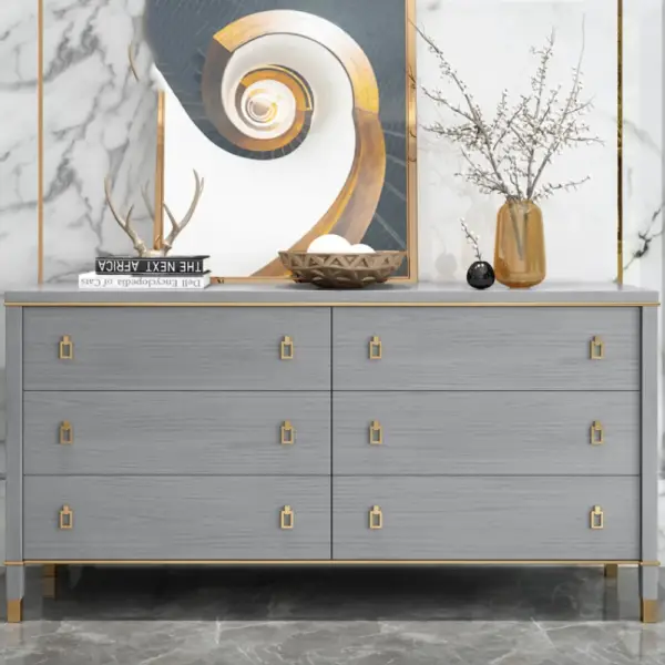 Modern Gray Dresser Chest of 6 Drawers Cabinet in Gold - Image 4