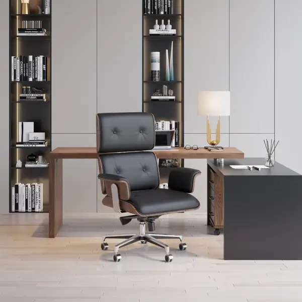 Modern Black Home Office Chair Swivel Upholstered Wooden Desk Chair Adjustable Height - Image 9