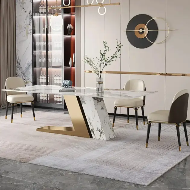 Luxotic 2000mm Modern Stone Top Dining Table for 8 with Stainless Steel Base Gold