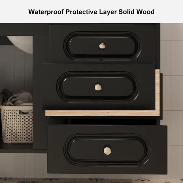 800mm Black Floating Bathroom Vanity Undermount Ceramic Sink with Rattan Door Cabinet - Image 9