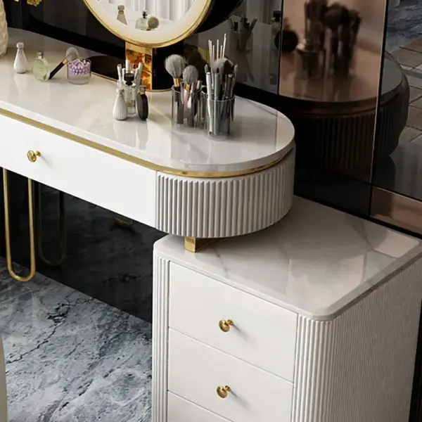 Oboval Modern Makeup Vanity Table with Side Cabinet 4 Drawers & Faux Marble Top in White - Image 5