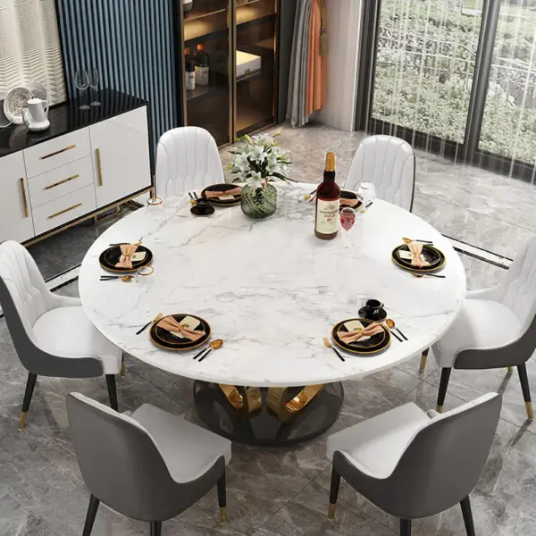 7 Piece Dining Room Set 1350mm Sintered Stone Top Round Dining Table White&Grey 6 Chairs - Image 2