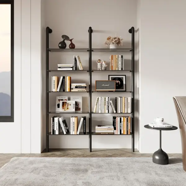 5-Tier Industrial Ladder Shelf Acrylic Black & Grey Wall Mounted Display Bookshelf - Image 3