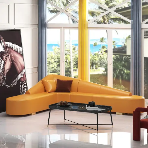 Modern 6-Seater Orange L-Shaped Corner Sectional Sofa Faux Leather Upholstery - Image 4