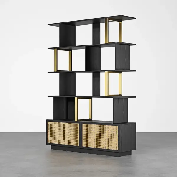 5-Tier Black Wood Bookshelf with 2 Doors Modern Bookcase in Gold Finish - Image 6