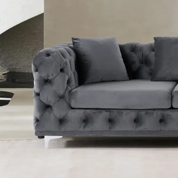 L-Shaped Curved Grey Sectional Sofa Upholstered Velvet Chesterfield Sofa - Image 5