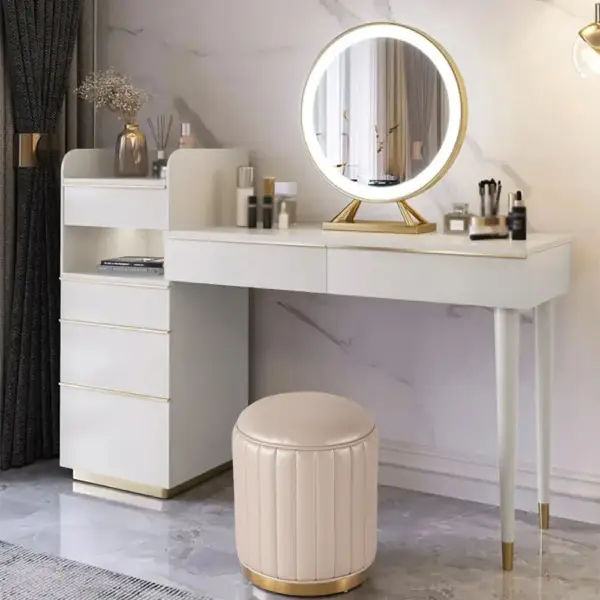Off-white Makeup Vanity Set Dressing Table with Lighted Mirror Cabinet & Stool Included - Image 3