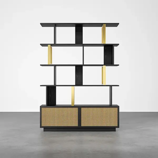 5-Tier Black Wood Bookshelf with 2 Doors Modern Bookcase in Gold Finish - Image 9
