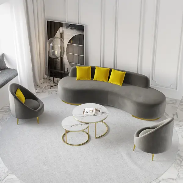 Grey Velvet Upholstered Curved Sofa Living Room Set of 3 with Pillows Chairs & 3-seater - Image 10