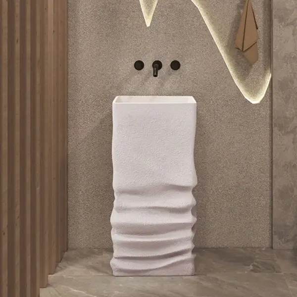 850mm Tall Japandi Stone Resin Pedestal Bathroom Basin Freestanding Basin in Beige - Image 4