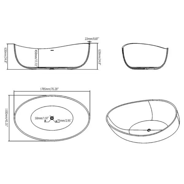 1785mm Contemporary Oval Freestanding Stone Resin Soaking Bath in Glossy White - Image 18