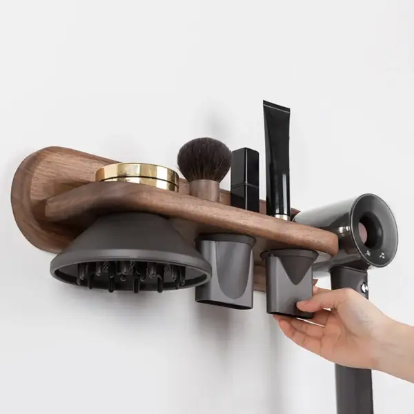 Wood Hair Dryer Holder Rack in Walnut with Accessories Storage & Shelf - Image 10