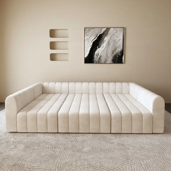 3020mm Off White Velvet Modular Pit Sectional Sofa Set Convertible 6-Seater Upholstered - Image 5