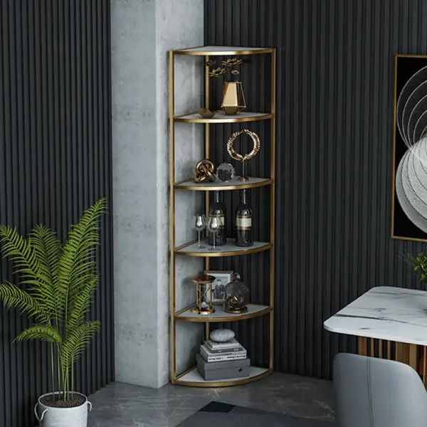 6-Tier Modern Fan-Shaped Shelves Standing Corner Shelf in White&Gold - Image 2