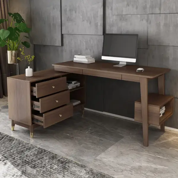 Ultic Walnut L Shaped Home Office Desk Wooden Computer Desk with Storage Drawers & Shelf - Image 4