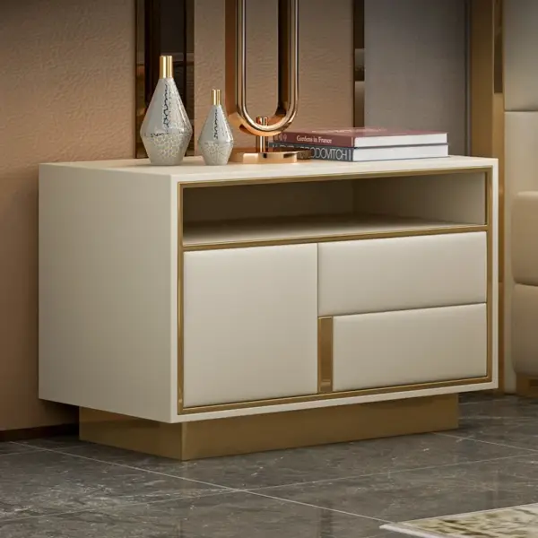 Modern Beige Wooden Nightstand PU Leather Upholstery with 1 Drawer - Image 4