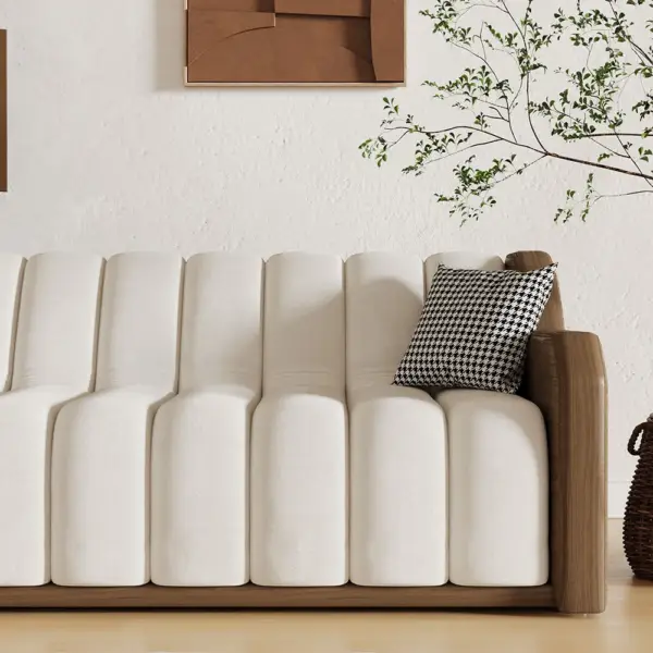 2400mm Modern White 3 Seater Fluted Velvet Upholstered Sofa Walnut Leather Arm - Image 8