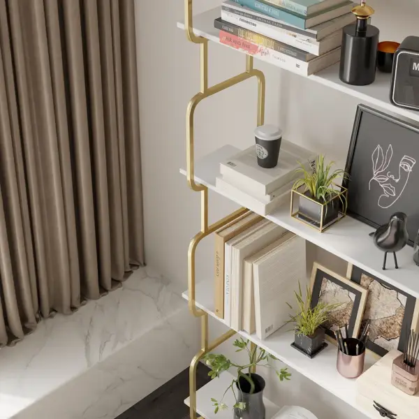 1800mm Modern White Tall Freestanding Wooden Office 4 Shelves Etagere Bookcase in Gold - Image 8