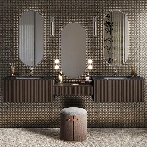 Modern Floating Double Sink Bathroom Vanity Set with Makeup Table Walnut - Image 8