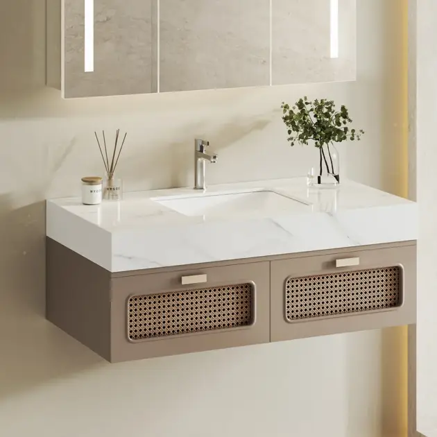 900mm Floating Single Bathroom Vanity with Faux Marble Top Rattan Door