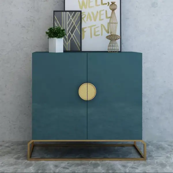 2-Door Peacock Blue Console Table Storage Cabinet Hallway Gold Accent - Image 3