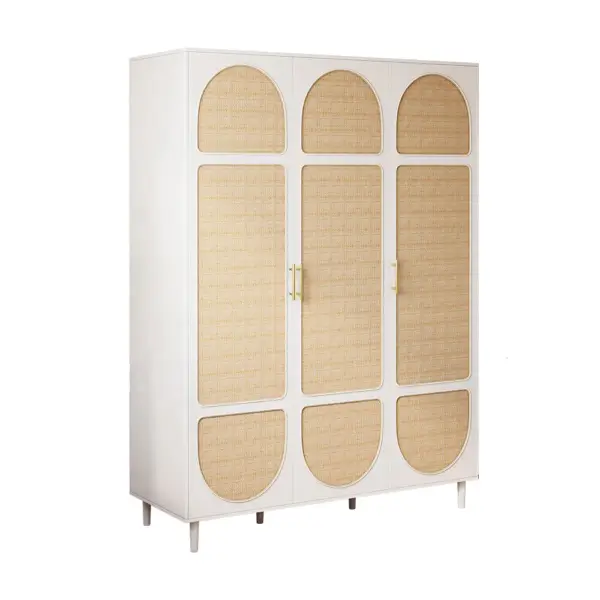 Rattan White 3 Door Bedroom Clothing Armoire Wardrobe with Shelves - Image 5