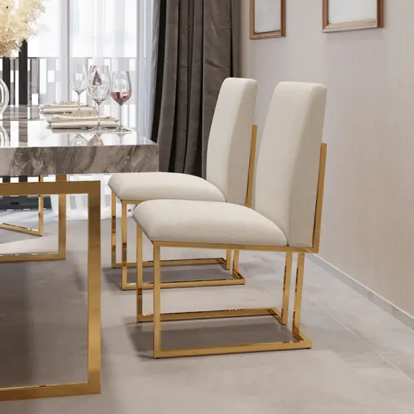 Modern Linen Dining Chair Upholstered in Beige Stainless Steel Leg Gold (Set of 2) - Image 4