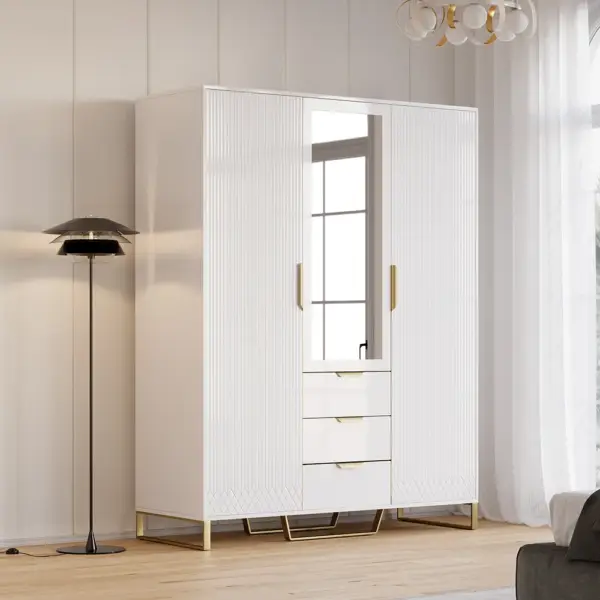 Aro Modern 3 Door Mirrored Armoire Dresser with Shelves & Drawers Tall Wardrobe Closet - Image 4