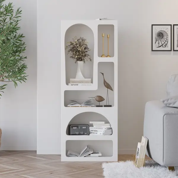 Codiys 1500mm Art Deco White Arched Bookcase Tall Open Geometric Japandi Bookshelf Wood - Image 7