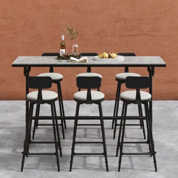 7 Pieces Rectangle Outdoor Patio Bar Dining Set with Teak Table and Chairs for 6 Person - Image 2