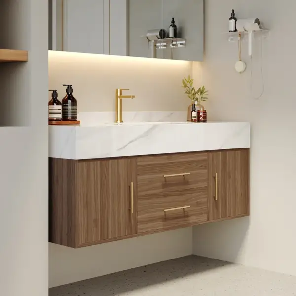 1000mm Walnut Floating Bathroom Vanity Set Stone Top Wall Mounted Bathroom Cabinet - Image 3