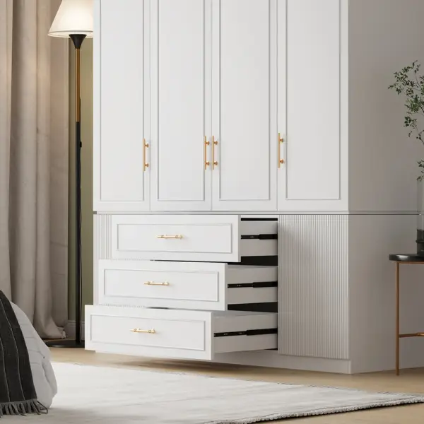 Modern Luxury White Wide Armoire Clothes Cabinet with 3 Drawers & 6 Doors - Image 8