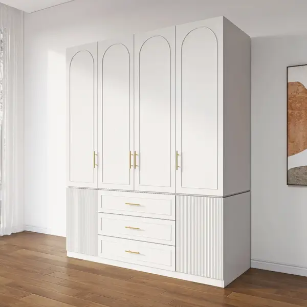 Modern Luxury White Wide Armoire Clothes Cabinet with 3 Drawers & 6 Doors - Image 9