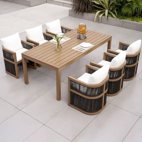 7 Pieces Outdoor Dining Set For 6 with Rectangle Table & Rope Woven Armchair in Natural - Image 2