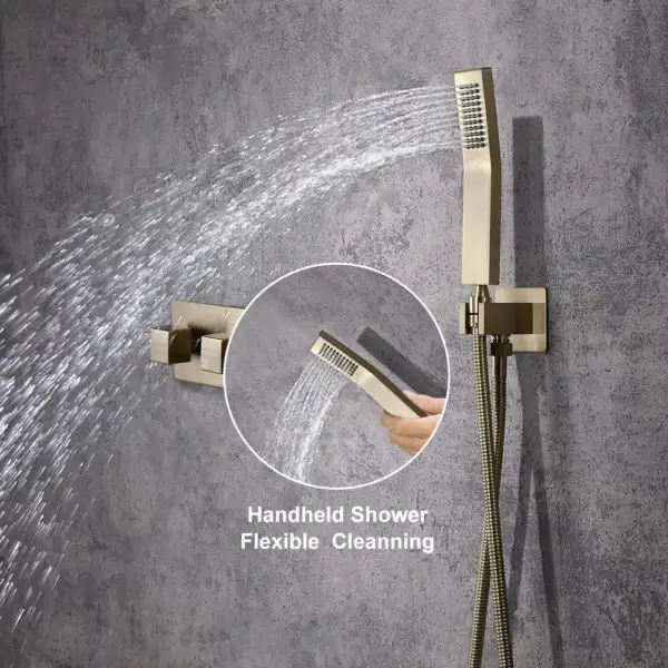 Moda Wall-Mounted 250mm Shower Set in Brushed Gold Rainfall 3 Function Solid Brass - Image 9