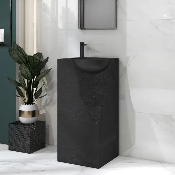 870mm Japandi Tall Stone Resin Pedestal Basin with Rounded Basin Freestanding in Black - Image 13