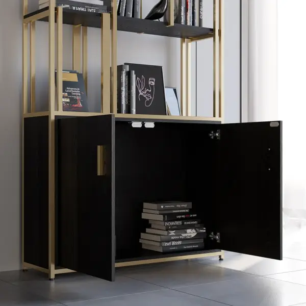 2000mm 5-Tier Black & Gold Bookshelf with 2 Doors Storage Cabinet - Image 5