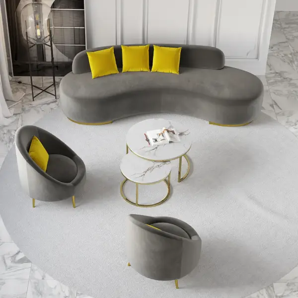Grey Velvet Upholstered Curved Sofa Living Room Set of 3 with Pillows Chairs & 3-seater - Image 3
