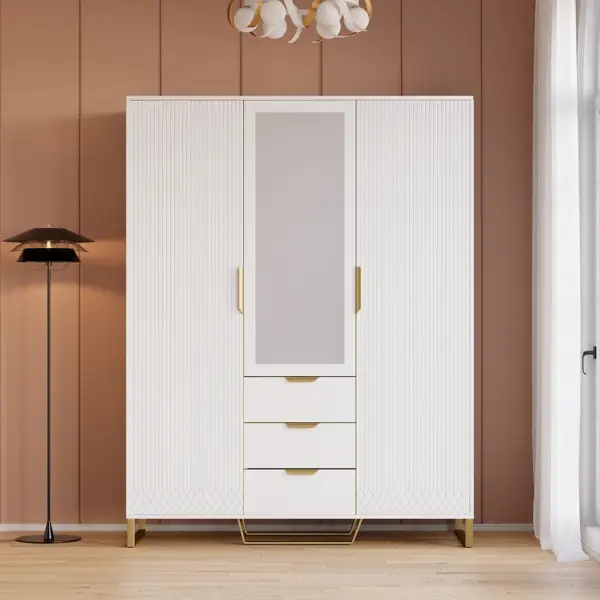 Aro Modern 3 Door Mirrored Armoire Dresser with Shelves & Drawers Tall Wardrobe Closet - Image 2