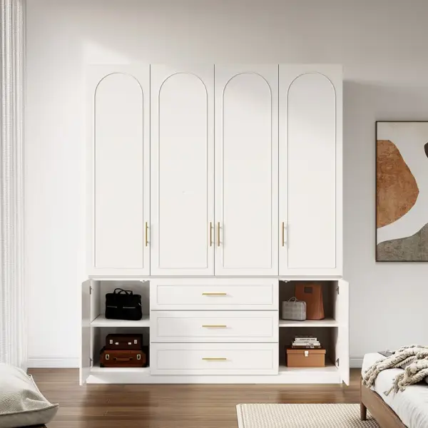 Modern Luxury White Wide Armoire Clothes Cabinet with 3 Drawers & 6 Doors - Image 6