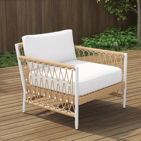 3 Pieces Aluminum & Weave Rope Outdoor Swivel Sofa Set with Side Table in Khaki for 2 - Image 7