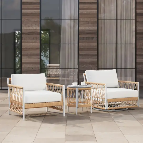 3 Pieces Aluminum & Weave Rope Outdoor Swivel Sofa Set with Side Table in Khaki for 2 - Image 18