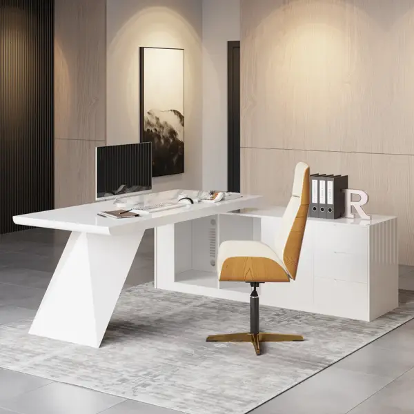 2000mm Modern White L-Shape Executive Desk Drawers & Cabinet Office Desk Right Hand - Image 4