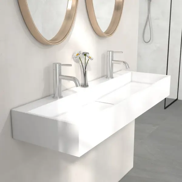 1200mm Wall-Mount Double Basin Stone Resin Matte White Floating Trough Bathroom Basin