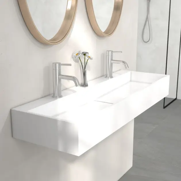 1200mm Wall-Mount Double Basin Stone Resin Matte White Floating Trough Bathroom Basin